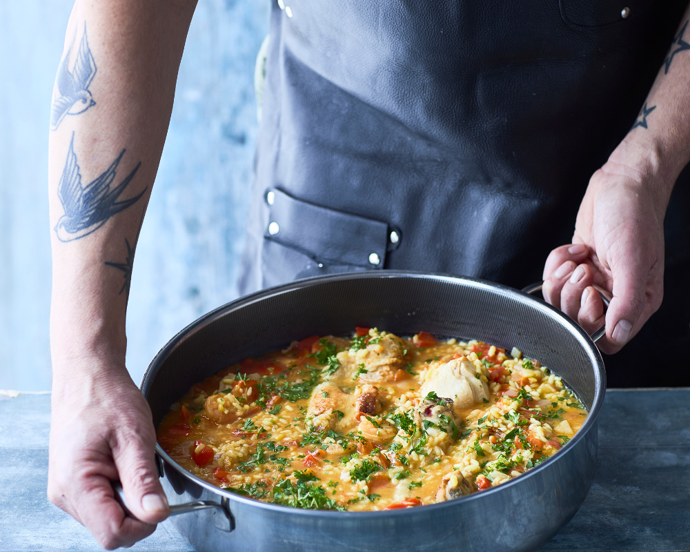 Opskrift på paella med kylling og rejer